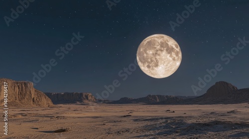 Desert Night: Majestic Full Moon over Expansive Landscape