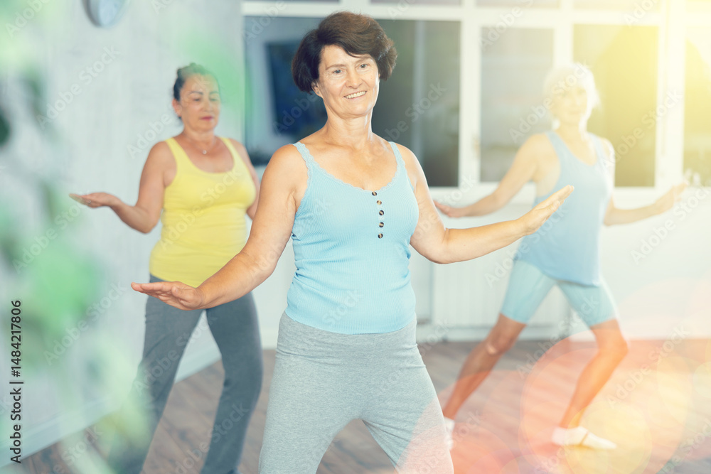 Obraz premium Group of elderly women practicing dance moves in fitness studio