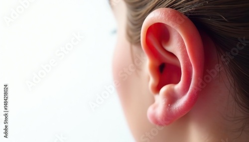 Close-up of a human ear against a pure white background, showcasing its intricate details , high detail, hearing aid