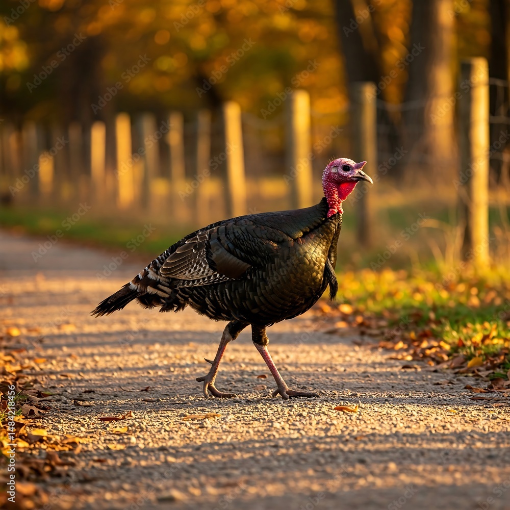 Fototapeta premium Wild Turkey Crossing a Country Path at Sunset in Autumn
