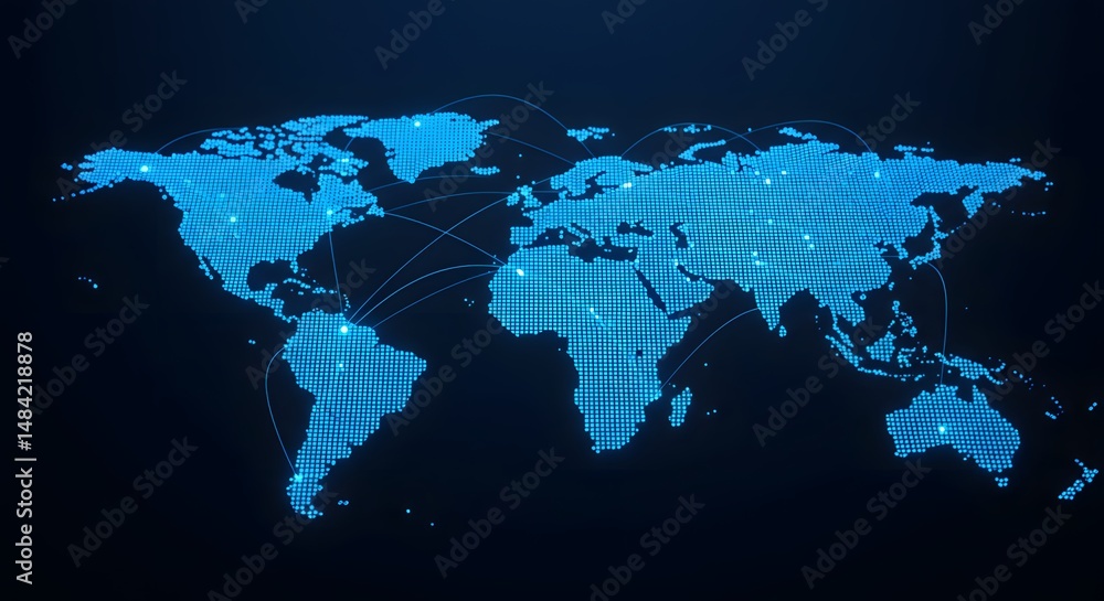 Obraz premium World map made of blue digital dots with connected global network lines, representing international data flow and global business communication