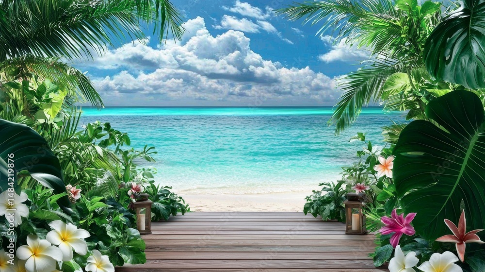 Fototapeta premium Summer beach setting highlighting attractive product display stands.