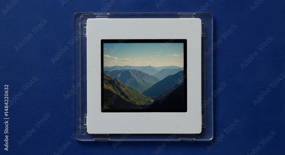 Fototapeta premium Stunning shot of a mountain range captured within a slide against a blue background.