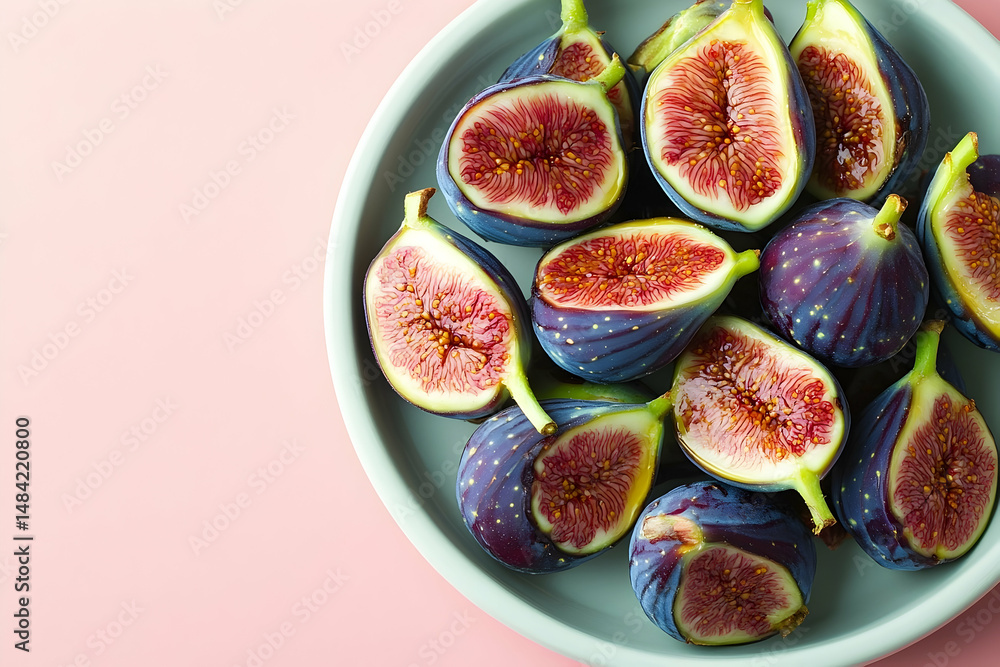 Freshly cut figs arranged in a light teal bowl. Freshly cut figs arranged in a light teal bowl.