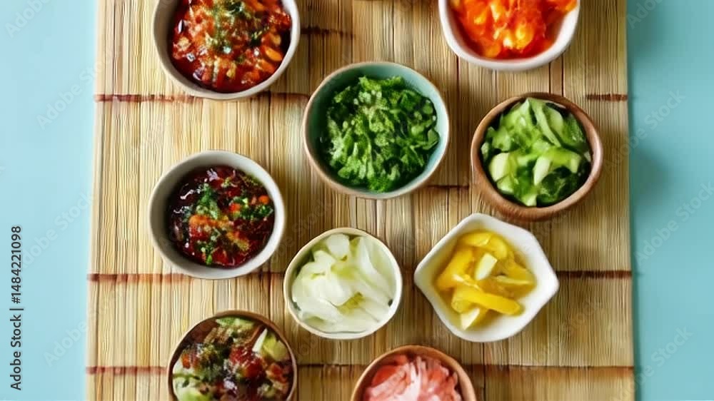Colorful Marinated Vegetables in Bowls on Bamboo Mat from Above Culinary Still Life Gourmet Cuisine Colorful Marinated Vegetables in Bowls on Bamboo Mat from Above Culinary Still Life Gourmet Cuisine