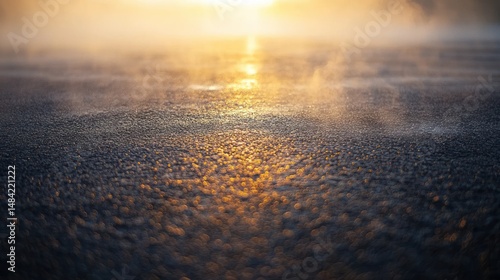 Sunrise over water, mist rising, blurred focus