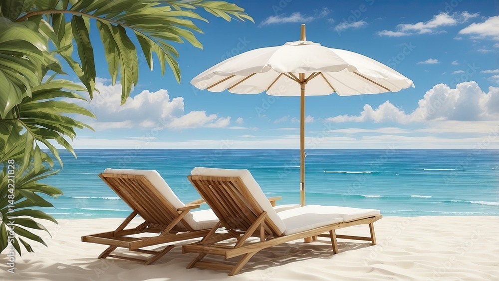 Obraz premium Romantic Beach Sunset with Lounge Chairs and Umbrella – Tropical Oceanfront Escape