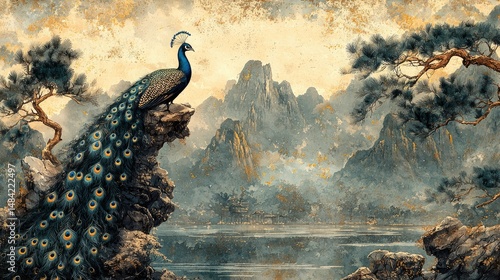 Peacock perched on a rocky outcrop overlooking a serene landscape