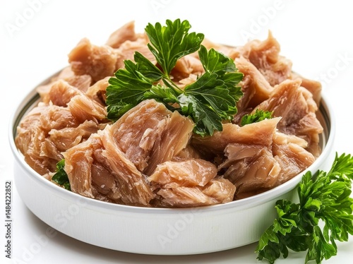 Close-up of Flaked Canned Tuna in Bowl with Parsley Garnish, Food Photography, Seafood Tuna, Canned Fish