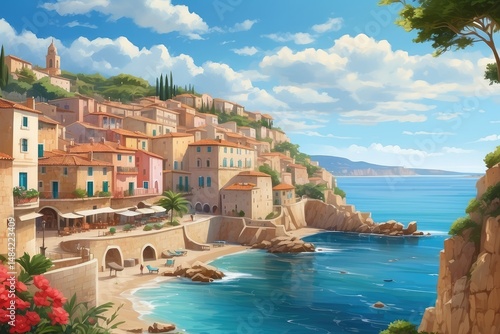 Colorful Coastal Town at Sunset – Mediterranean Cliffside Village View