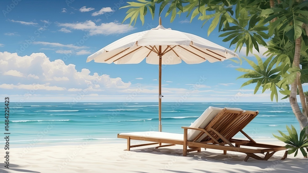 Obraz premium Romantic Beach Sunset with Lounge Chairs and Umbrella – Tropical Oceanfront Escape