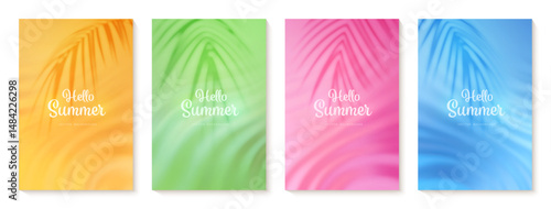 Summer gradient backgrounds set. Bright colorful summer colors. Summer bright and juicy cards set with a palm leaves shadows. Orange, yellow, green, purple, red, blue. Great for poster, banner. Vector