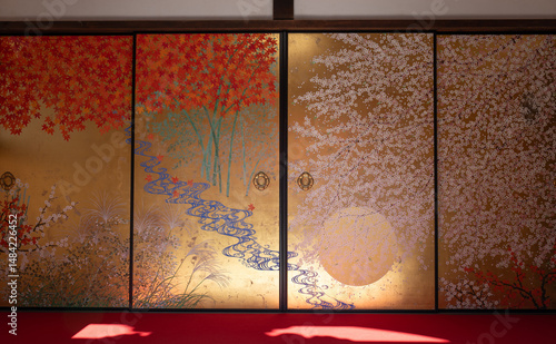 日本、京都、圓光寺、屏風、寺院、佛寺、佛教、木造建築、古代建築、庭園、文化財、日本文化、歷史名勝、写真素材