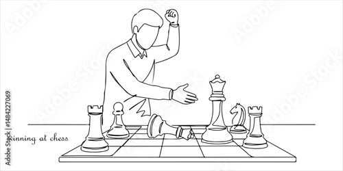 Player defeating his opponent and winning at chess continuous single line art drawing sketch on white background