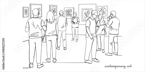 People at the contemporary art exhibition continuous single line art drawing sketch on white background
