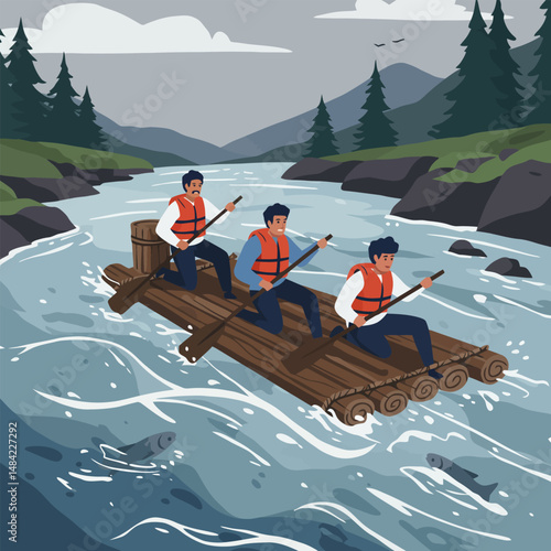 Men Rafting Down River on Log Raft Adventure in Nature