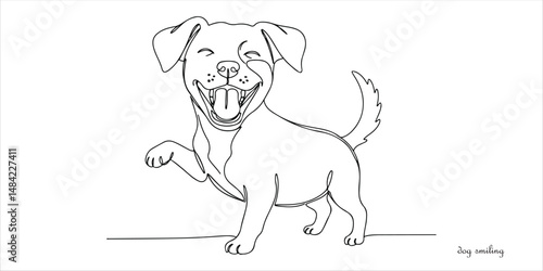 Happy dog smiling and laughing continuous single line art drawing sketch on white background