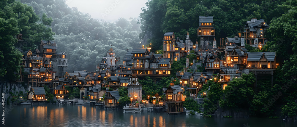 Obraz premium Pixelized Illuminated Asian Village Landscape