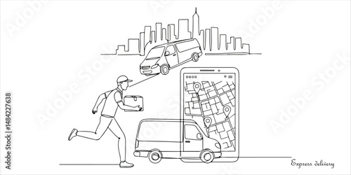 Express delivery service and delivery tracking continuous single line art drawing sketch on white background