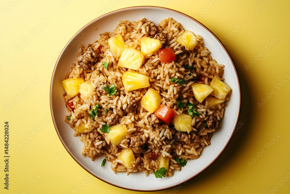 Delicious dish of savory rice with pineapple and meat. Delicious dish of savory rice with pineapple and meat.