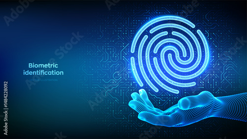 Biometric identification. Personal data protection. Cyber security. Password control. Private secure safety. Fingerprint icon in wireframe hand on circuit board pattern background. Vector Illustration