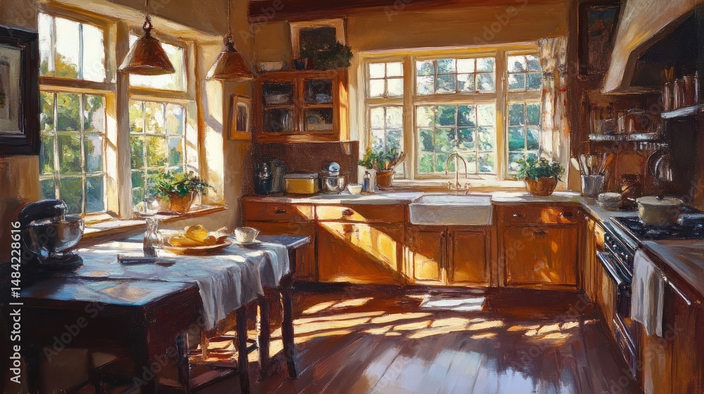 Obraz premium Sunlit kitchen scene with wooden cabinets, table, and bright windows