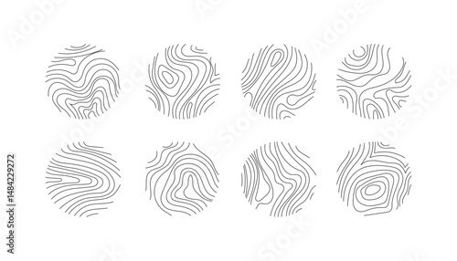 Eight circular illustrations showcasing unique wood grain textures resembling fingerprints. Line art style, black lines on white background. Abstract and simple design elements.