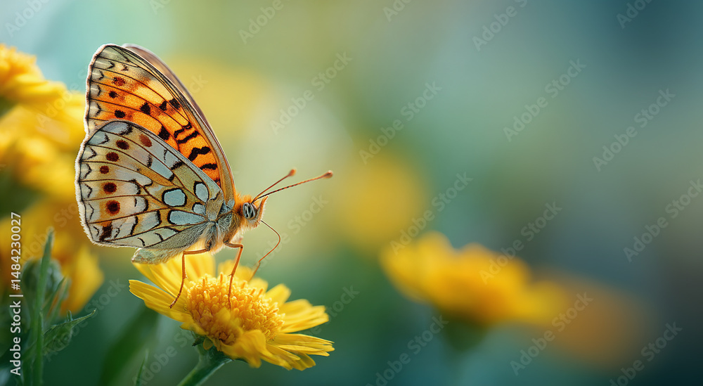 Obraz premium Beautiful spotted butterfly perched on a yellow flower on a nature background.Ai image generated;