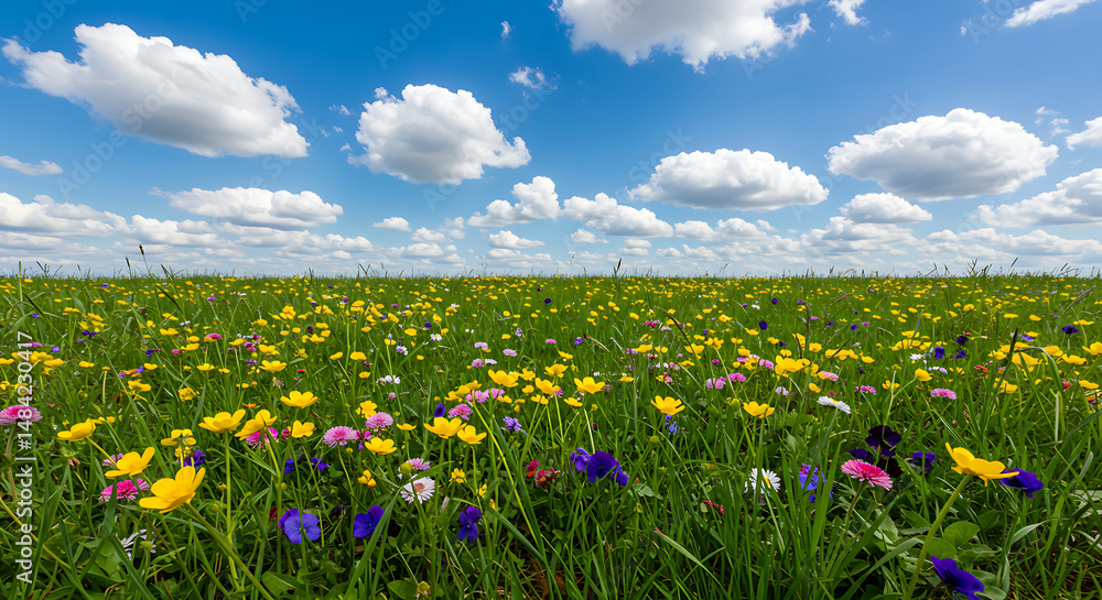 Obraz premium Vibrant Wildflower Meadow, Sunny Sky, Spring Flowers
