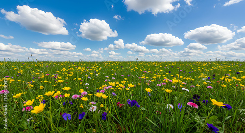 Vibrant Wildflower Meadow, Sunny Sky, Spring Flowers