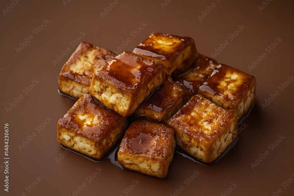 Close-up view of cubes of sauteed tofu. Close-up view of cubes of sauteed tofu.