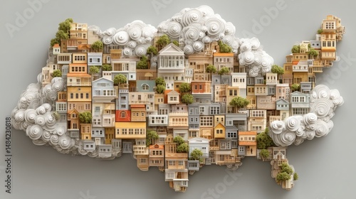 Cityscape map of houses forming a blockchain-enabled property ownership cloud icon representation of the united states