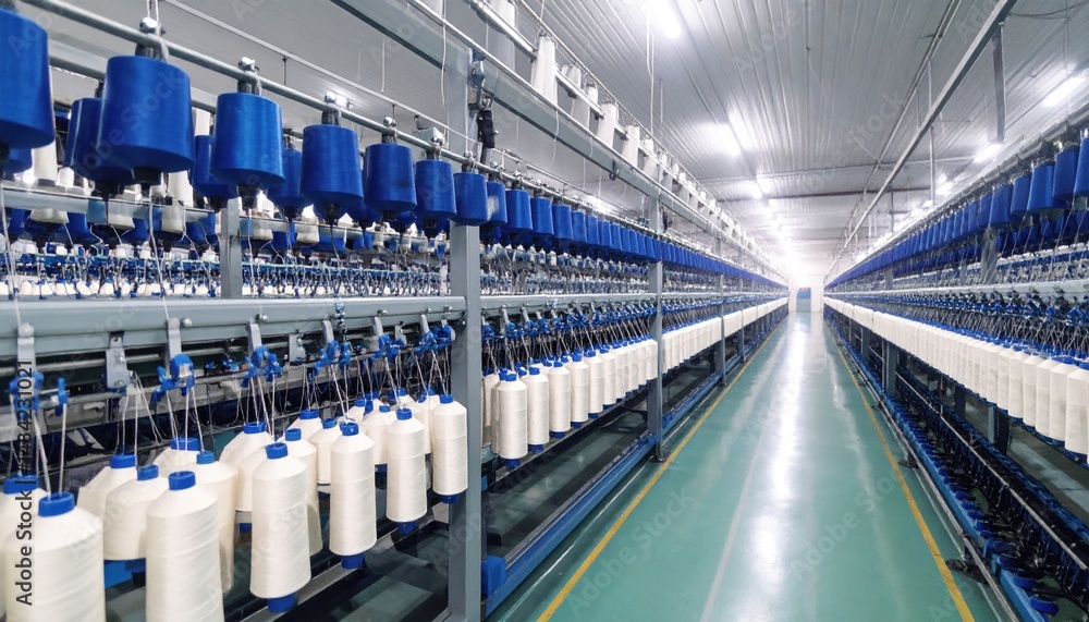 Naklejka premium Spinning mill: Interior view of textile industry with spools in a factory