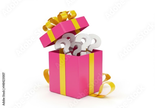 A pink gift box with yellow ribbon and question marks spilling out of the box
