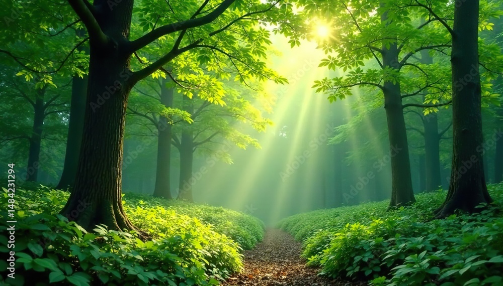 Obraz premium Serene forest background, lush green canopy, dappled sunlight filtering through leaves , spring, summer