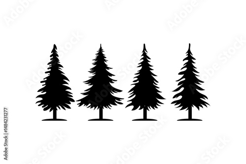 Four Black Silhouette Pine Trees Nature Forest Graphic Design