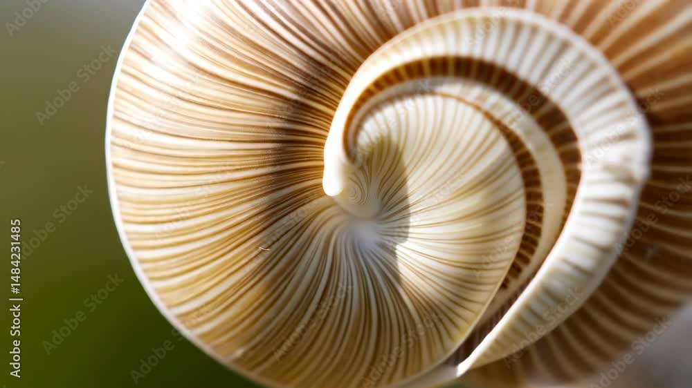 Close up of a brown and white striped shell, presenting a concentric spiral pattern with organic symmetry, shallow depth of field. Close up of a brown and white striped shell, presenting a concentric spiral pattern with organic symmetry, shallow depth of field.