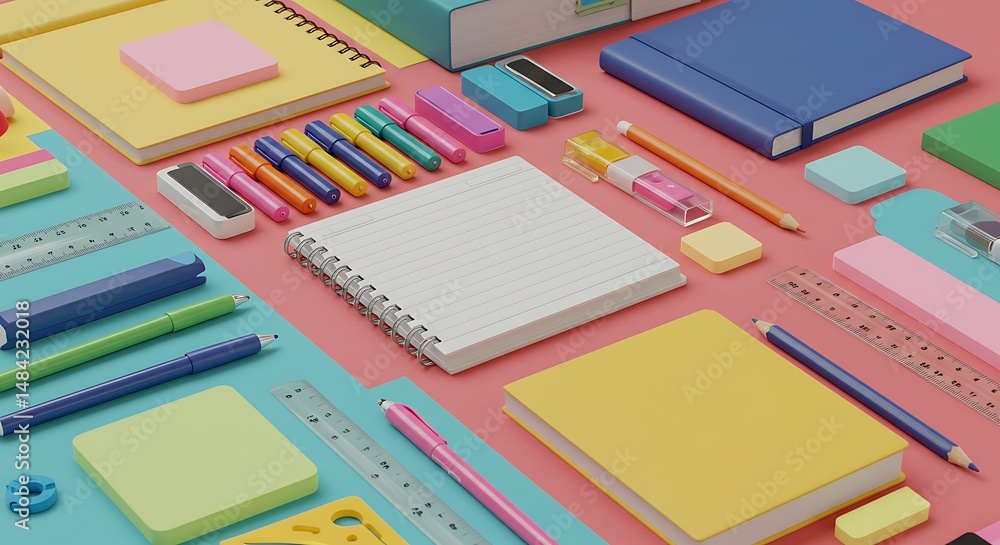 Flat lay of organized school stationery on a colorful background Flat lay of organized school stationery on a colorful background