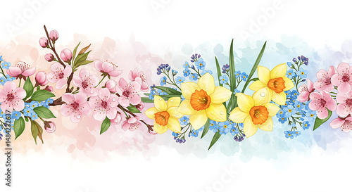 Spring Floral Border: Watercolor Cherry Blossoms, Daffodils & Forget-Me-Nots