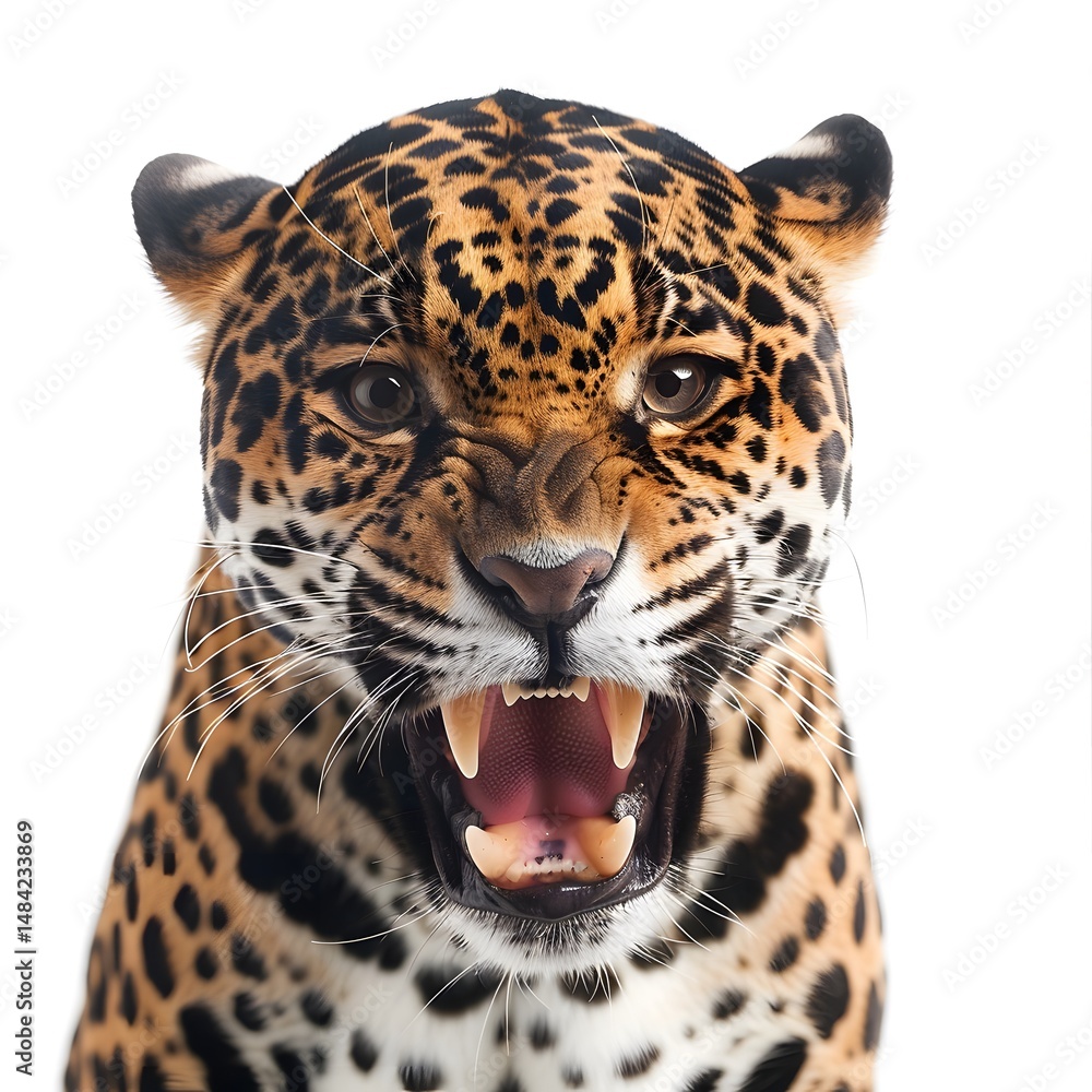 Fototapeta premium Roaring Jaguar Showing Teeth, Aggressive Wildlife Portrait