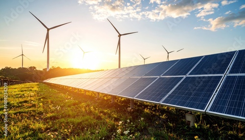 Renewable energy landscape featuring solar panels and wind turbines at sunset