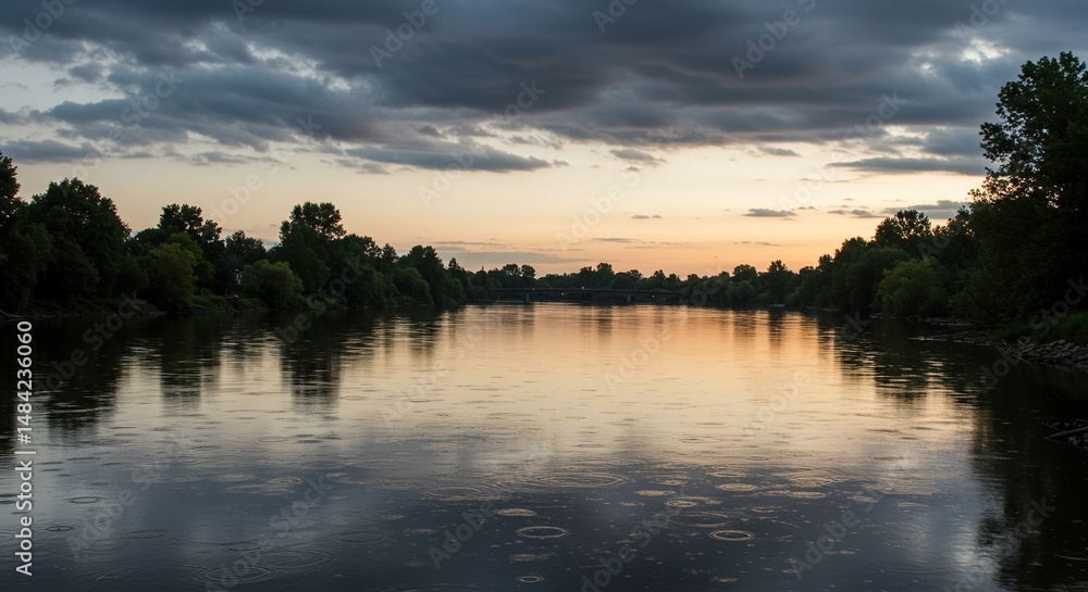 Fototapeta premium Peaceful river view during twilight hours with stunning cloud reflections