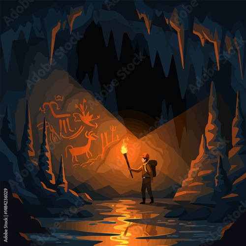 Exploring Cave with Torchlight Revealing Ancient Drawings and Water Reflections