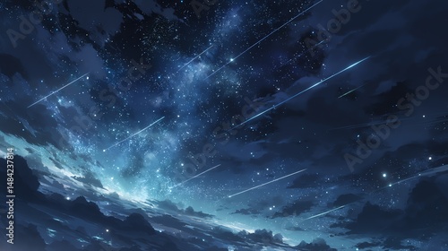 A breathtaking deep space sky glowing with constellations, star sigils, and celestial rings. Ethereal stardust drifts in the void—no clouds, pure cosmic fantasy. Anime-style, cinematic cel-shaded ligh