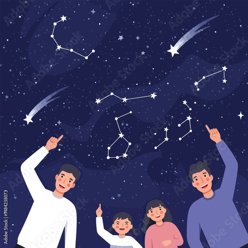 Family Looking at Star Constellations and Shooting Star at Night