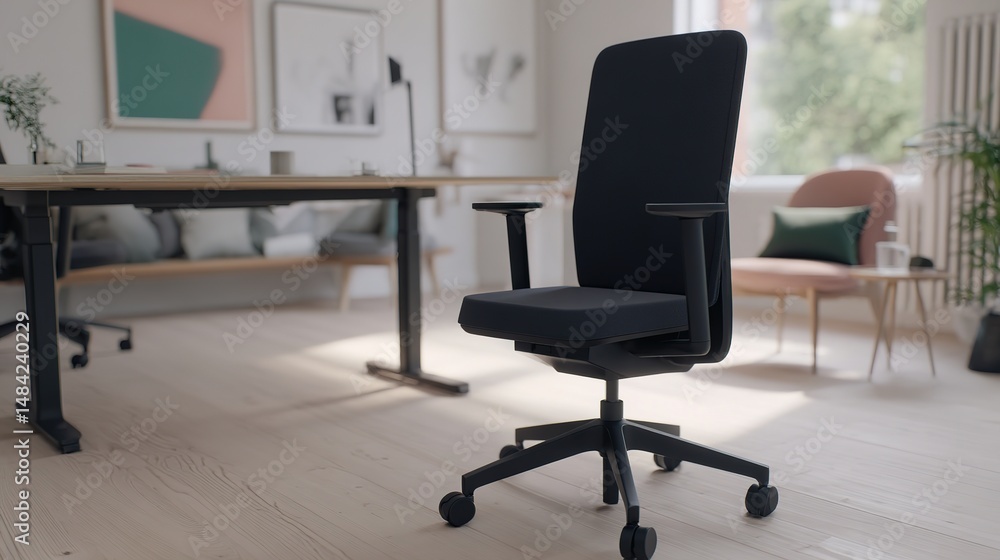 Modern workspace with ergonomic chair and abstract art, bathed in natural light. A blend of comfort and creativity in professional design. Modern workspace with ergonomic chair and abstract art, bathed in natural light. A blend of comfort and creativity in professional design.