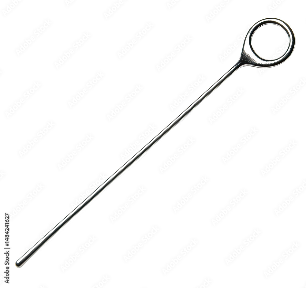 Long, thin metal cocktail tool with a circular top Long, thin metal cocktail tool with a circular top