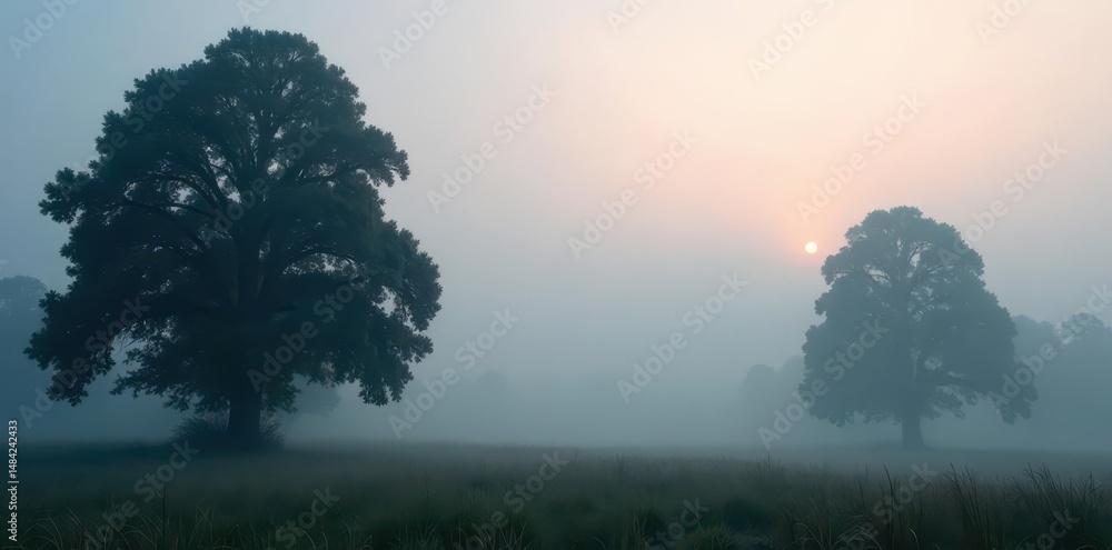 Fototapeta premium Thick fog swirls around towering trees, creating ethereal scene , stock photo, leaves, ancient