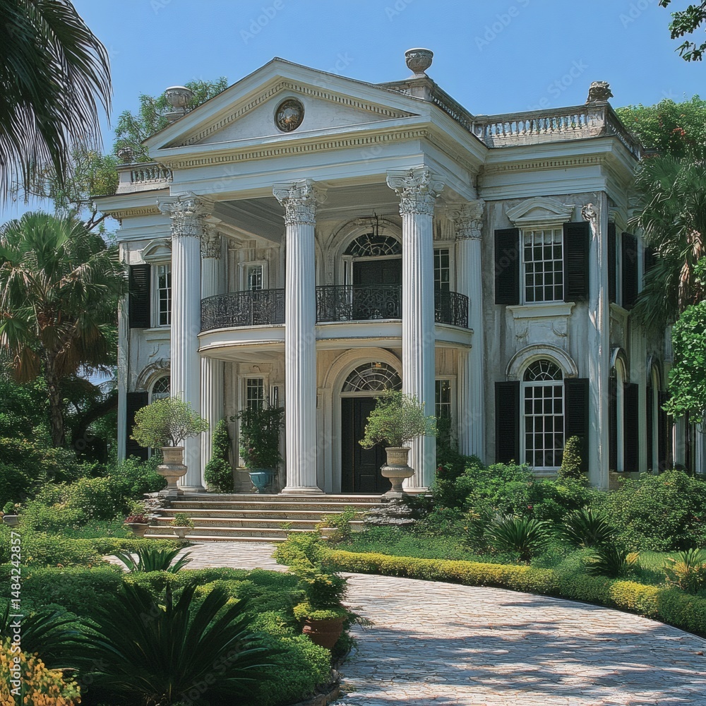 Obraz premium Elegant Mansion with Classical Architecture in Lush Garden