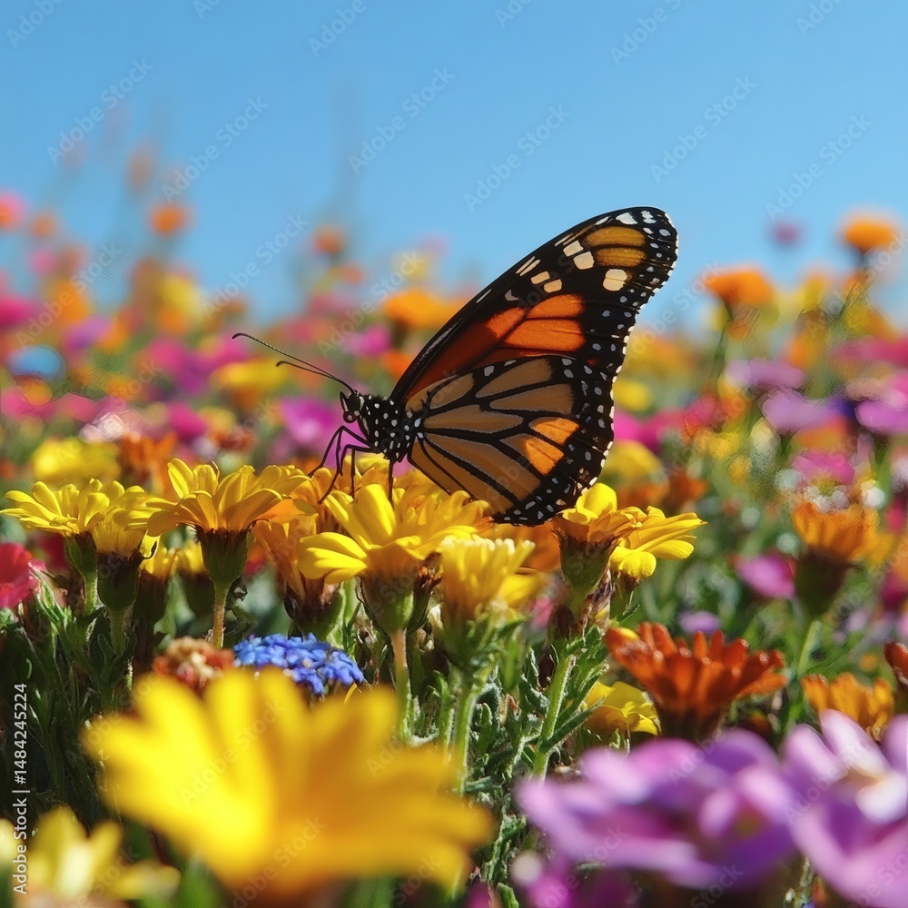 Fototapeta premium Monarch Butterfly on Colorful Wildflowers in Sunny Field